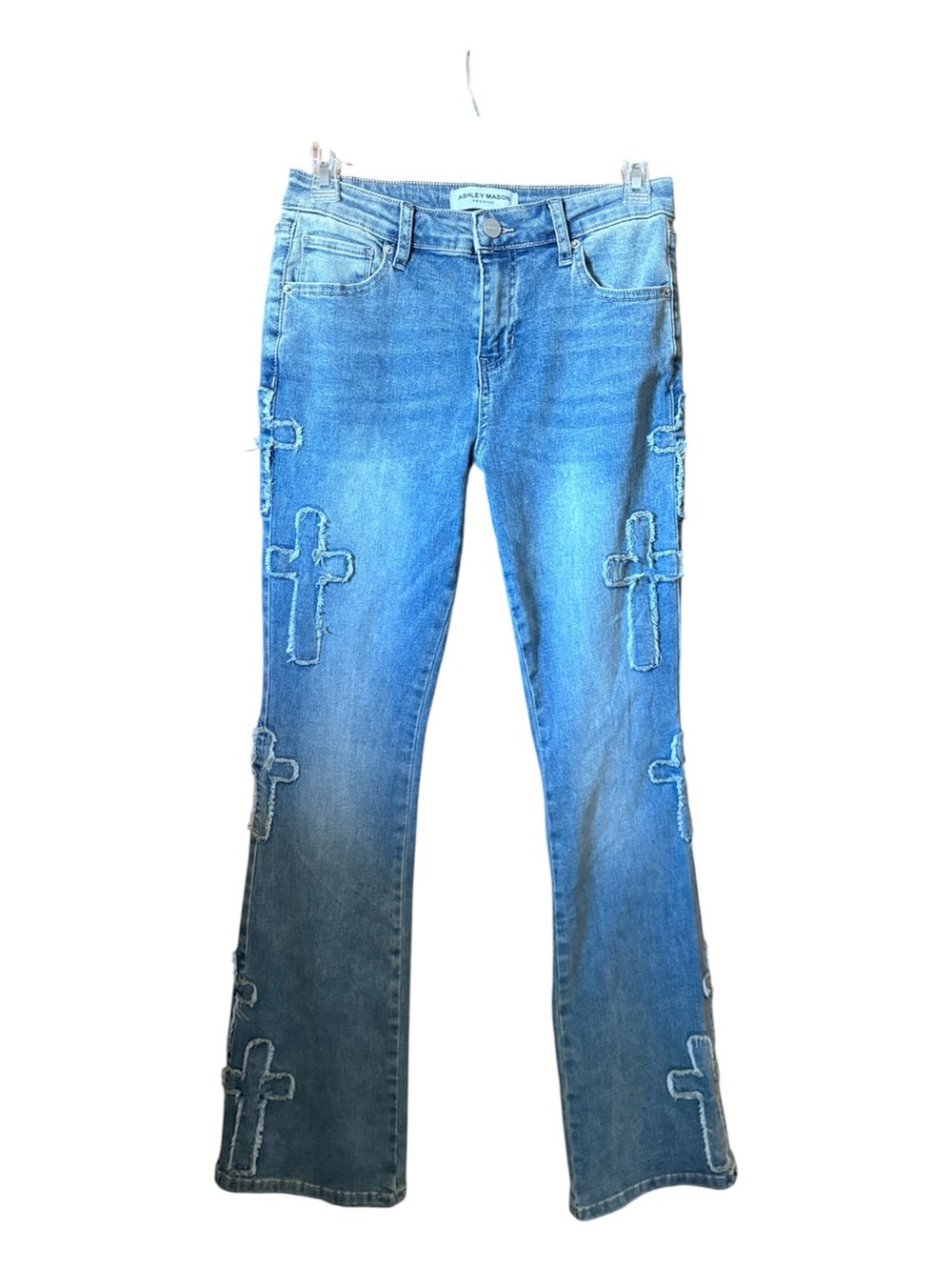 Ashley Mason Distressed Blue Flare Jeans with Cross Appliqués